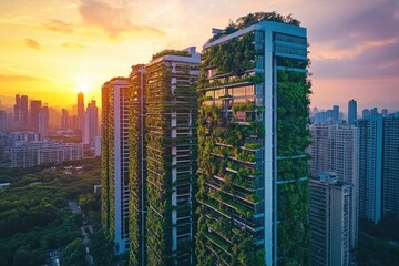 Obraz premium Skyscrapers adorned with lush greenery showcase harmony between
