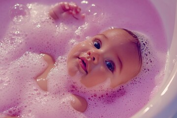 Fototapeta premium an adorable, cute baby in a pink bathtub, against a white background.