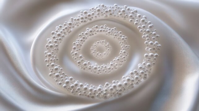 A mesmerizing spiral of delicate white beads arranged intricately on a smooth, pure white silk cloth. The beads reflect soft light, creating a glowing effect.