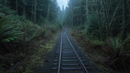 Obraz premium Mysterious railway tracks weaving through dense, misty forest la