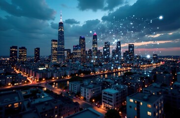 Photograph of a cityscape with modern skyscrapers and a digital interface illuminated at dusk. Concept of integrating technology and artificial intelligence into the urban environment