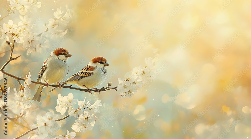 Poster Two sparrows perched on blooming branches with soft bokeh background