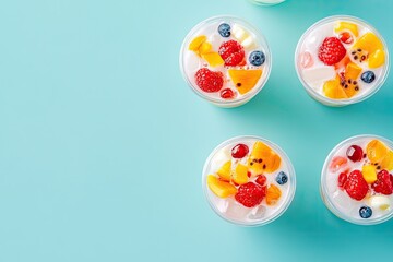 Refreshing fruit desserts displayed in clear cups against vibran