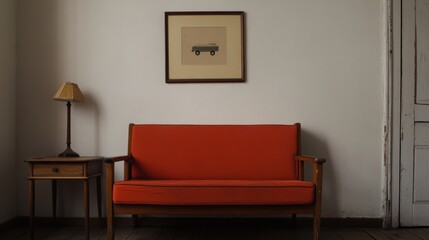 Red couch, wooden side table, framed picture, minimalist interior.