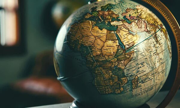 Vintage-style globe in foreground with blurred person's hand background