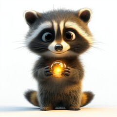 Obraz premium Cute cartoon raccoon holding a glowing orb with cheerful expression