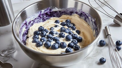 A metallic mixing bowl filled with creamy batter, the blueberries being gently folded in, creating purple streaks. 