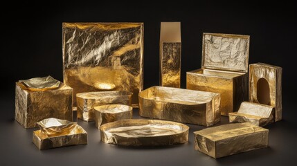 Fototapeta premium Elegant gold packaging and decorative boxes in various geometric shapes showcasing luxury and artistic craftsmanship on a dark background