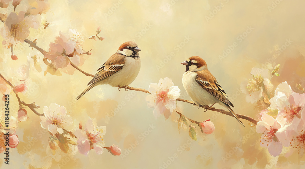 Poster two sparrows perched on blossoming branches with soft springtime tones