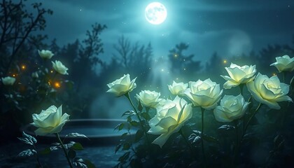 Obraz premium A moonlit garden with glowing white roses glistening with dew under the soft silver light, A small pond reflects the stars and moon above, while fireflies dance around the roses. 