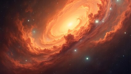 Vibrant Orange Nebula, Swirling Galaxy Space Art, Cosmic Cloudscape, Starry Night Sky Background
