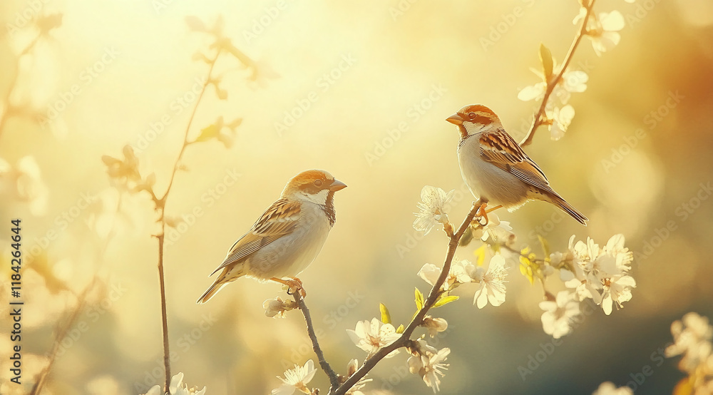 Poster two sparrows on blooming branches with a soft golden background