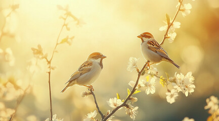 Obraz premium Two sparrows on blooming branches with a soft golden background