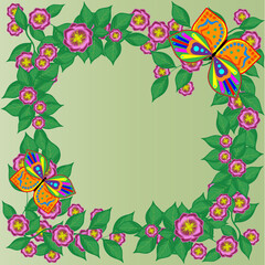 Floral frame with butterflies and flowers on a green background. Vector illustration.