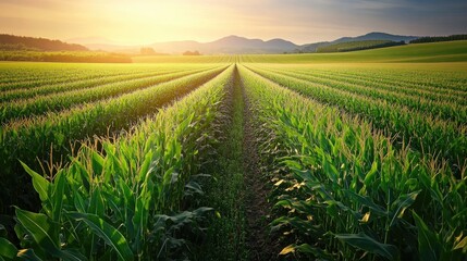 Lush green fields stretch to distant mountains under golden sunr