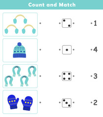 Count and Match Worksheet. Counting educational children game. Math kids activity sheet. How many counting game with cute winter clothing illustration.