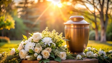 Bronze funeral urn with white flowers at outdoor memorial service, warm sunlight.