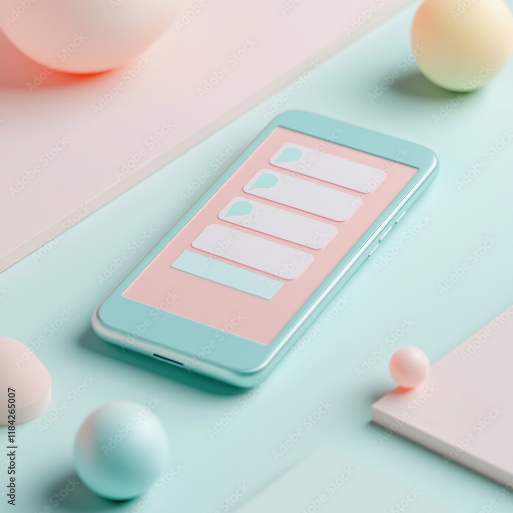 Aufkleber Close up view of smartphone displaying modern messenger chat in pastel colors with soft round shapes nearby. Generative AI