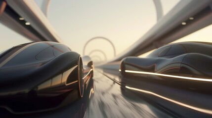 Sleek Modern Cars Merging Seamlessly on Futuristic Highway, Symbolizing Technological Integration and Innovation