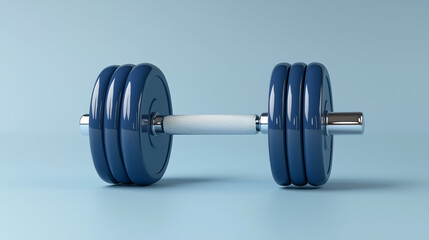 Fototapeta premium A 3D render of a blue dumbbell, designed as realistic gym equipment for fitness and exercise accessories.