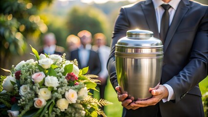 Person holding silver urn, memorial service, cremation ceremony.