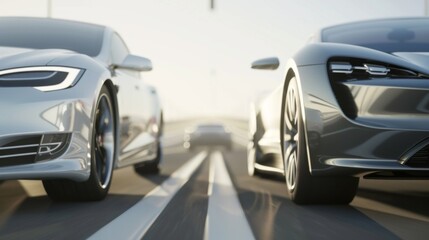 Obraz premium Sleek Modern Cars Merging Seamlessly on Futuristic Highway, Symbolizing Technological Integration and Innovation