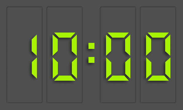 Digital clock with green numbers and dark background, showing 10 o'clock. 