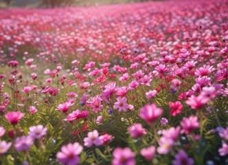 Obraz premium Soft focus on a vibrant pink flower field with colorful blossoms swaying gently in the breeze, delicate petals, natural beauty