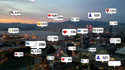 Social media and notification icons over the cities. social network concept. high quality