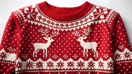 Red Christmas sweater with reindeer pattern, festive winter fashion.
