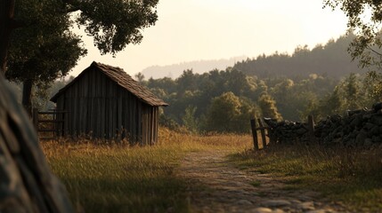 Obraz premium Rustic wooden cabin on a path in a tranquil countryside setting at sunset.