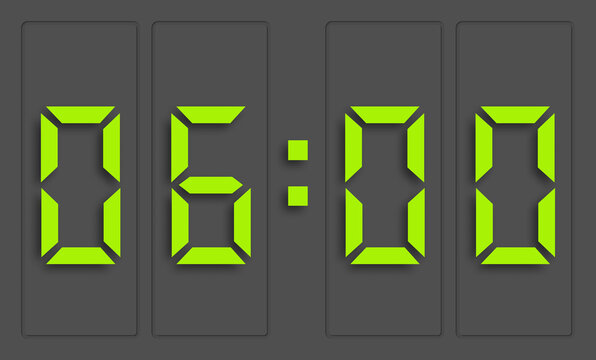 Digital clock with green numbers and dark background, showing 6 o'clock. 