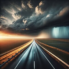 road going to the horizon, panorama of storm
