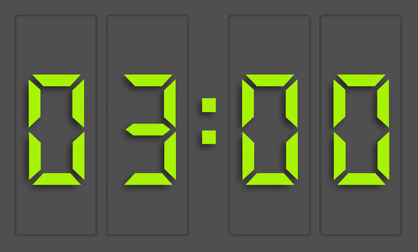 Digital clock with green numbers and dark background, showing 3 o'clock. 