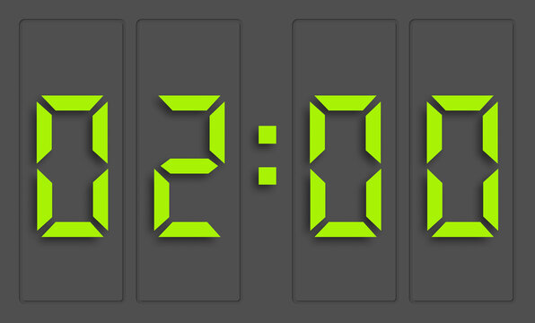 Digital clock with green numbers and dark background, showing 2 o'clock. 