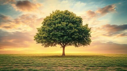 Fototapeta premium Lush green tree silhouetted against vibrant sunset sky, evoking