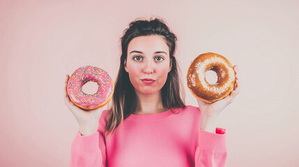 Donut Decisions: A young woman in a pink sweater holds a pink-sprinkled donut and a glazed donut, contemplating her choice with a playful expression.  