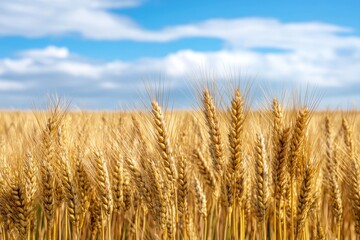 Fototapeta premium Golden wheat swaying gently under bright blue sky with fluffy cl