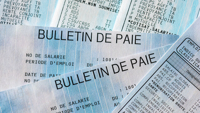 Plusieurs bulletins de paie fran&ccedil;ais, avec quelques-unes des nombreuses lignes des cotisations et contributions sociales pay&eacute;es par les salari&eacute;s et les employeurs en France
