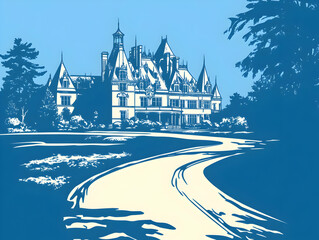 A stylized illustration of a grand mansion surrounded by greenery and a winding path.