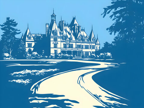 Naklejki A stylized illustration of a grand mansion surrounded by greenery and a winding path.