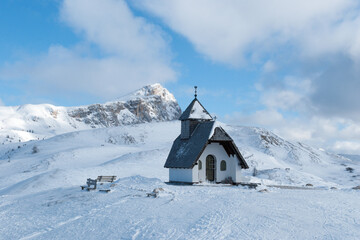 Chapel in the Dolomites in the winter