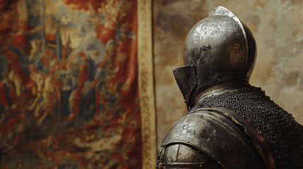 A knight staring at an ancient tapestry hanging in the cathedral, the fabric worn and faded by time.