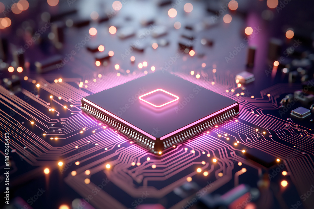 Poster vibrant circuit board featuring central microchip illuminated with pink and purple lights, showcasin