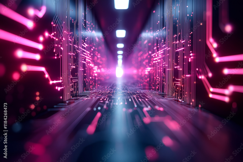 Poster futuristic corridor filled with glowing circuit patterns and vibrant pink lights creates mesmerizing
