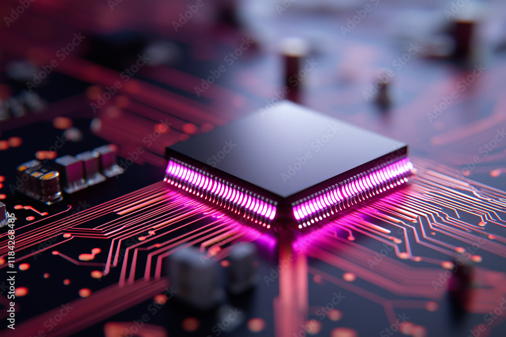 Poster close up view of circuit board featuring microchip with glowing edges, showcasing intricate electron