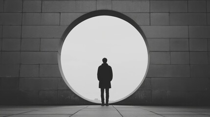 Obraz premium Silhouette of a man standing before a large circular opening in a wall.