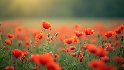 Vibrant Red Poppy Field, Stunning Nature Photography, Blooming Flowers in a Lush Meadow