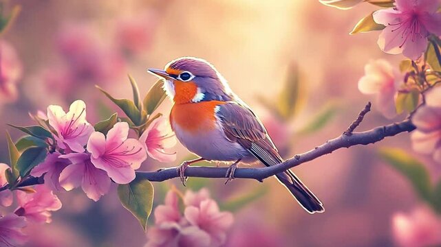 European robin in spring landscape with pink blossom. Robin bird on the blooming tree branch within springtime 4k video. Colorful landscape