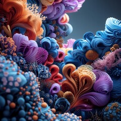 A colorful and abstract depiction of fantastical flowers,Animals with textured petals and vibrant hues.A colorful and abstract depiction of a valley filled with fantastical flowers and flowing shapes.